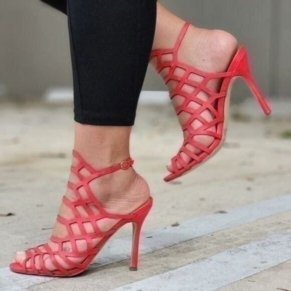 Women's Slingback Stiletto Sandal Peep Toe Hollow Red Color - Picture 2 of 5